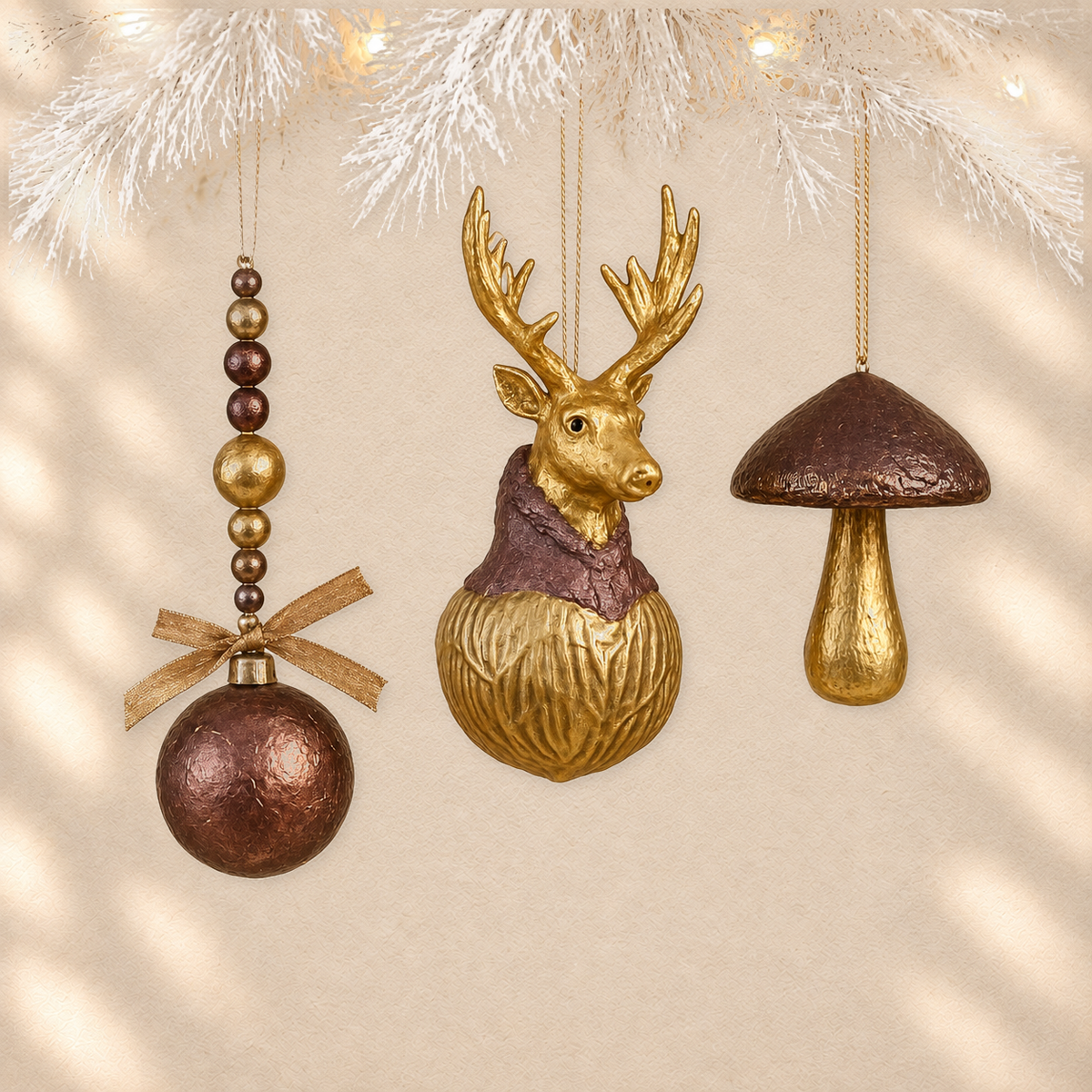 Bronze Woodland Trio — Set of 3 Sculptural Ornaments on warm cream background