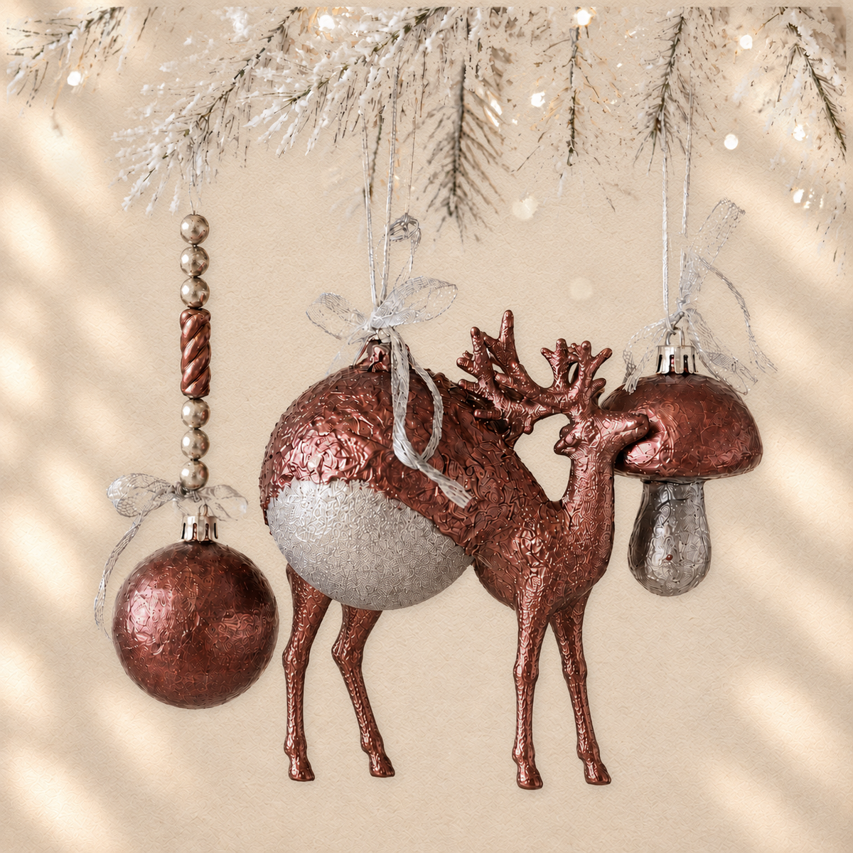 Copper Woodland Gathering — Set of 3 Sculptural Ornaments on warm cream background