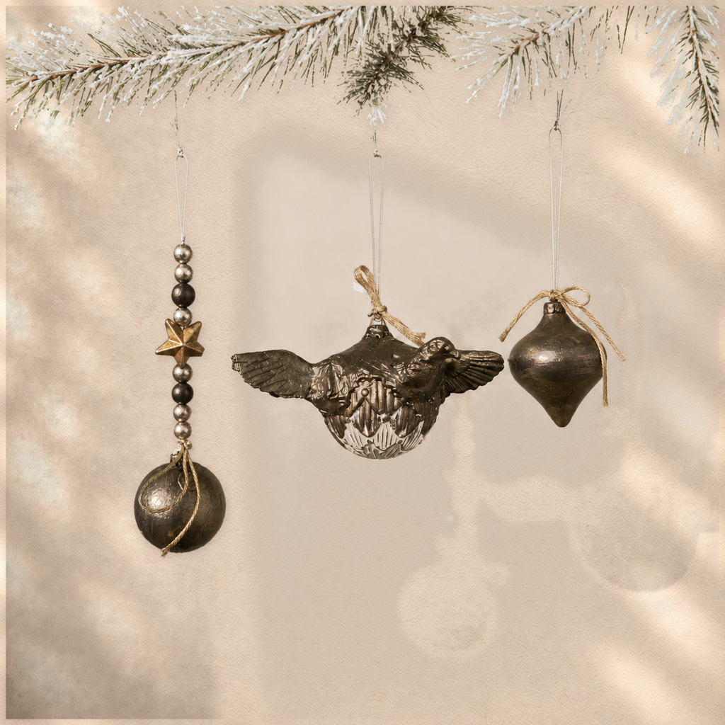 Bronze Flight Trio — Set of 3 Sculptural Ornaments on warm cream background