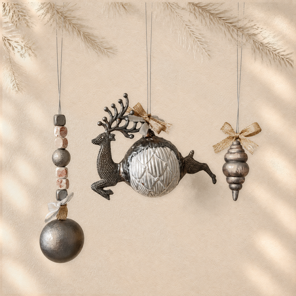 Silver Forest Trio — Set of 3 Sculptural Ornaments on warm cream background