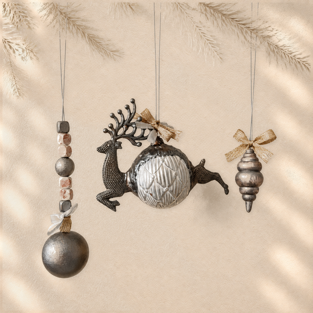 Silver Forest Trio — Set of 3 Sculptural Ornaments on warm cream background