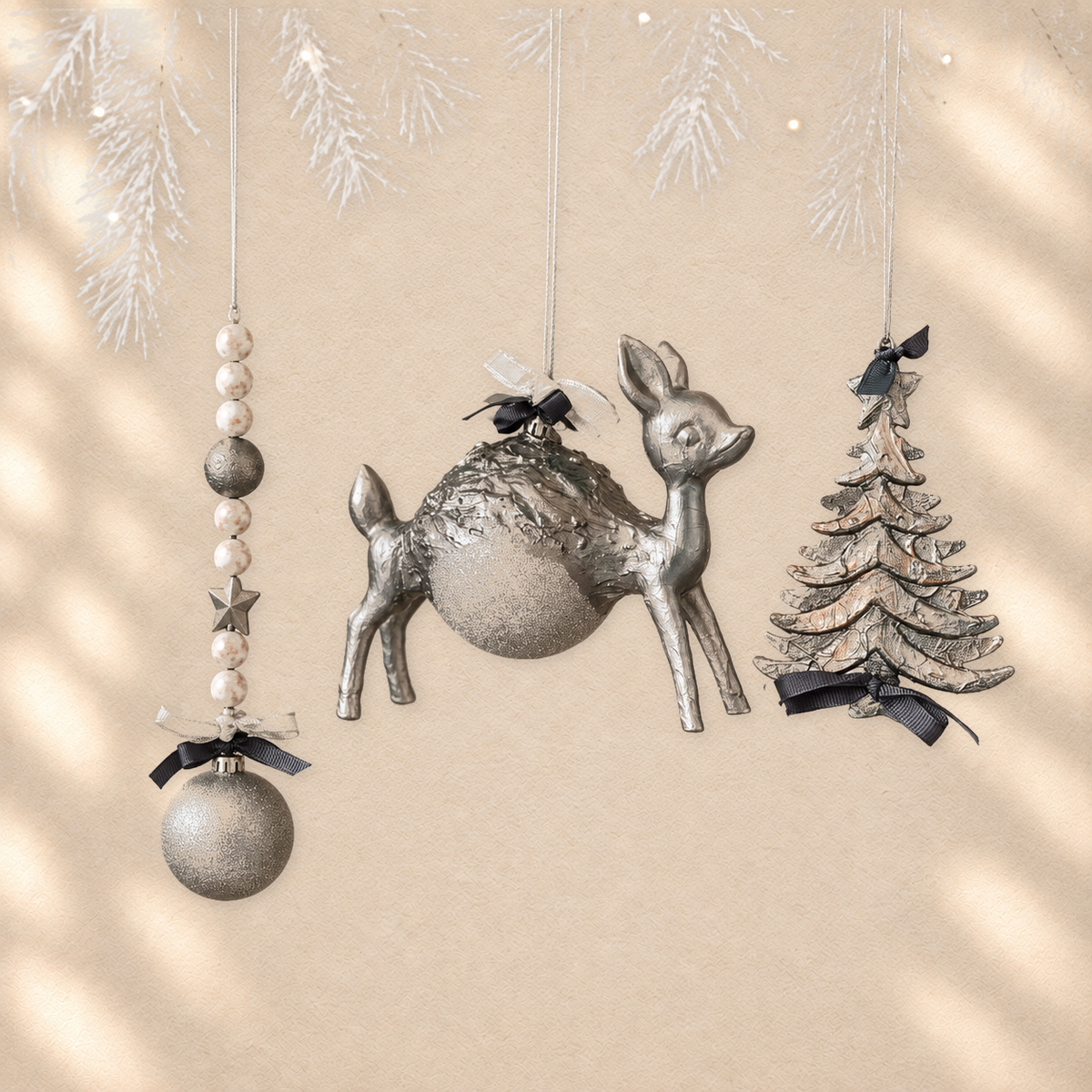 Silver Woodland Trio — Set of 3 Sculptural Ornaments on warm cream background