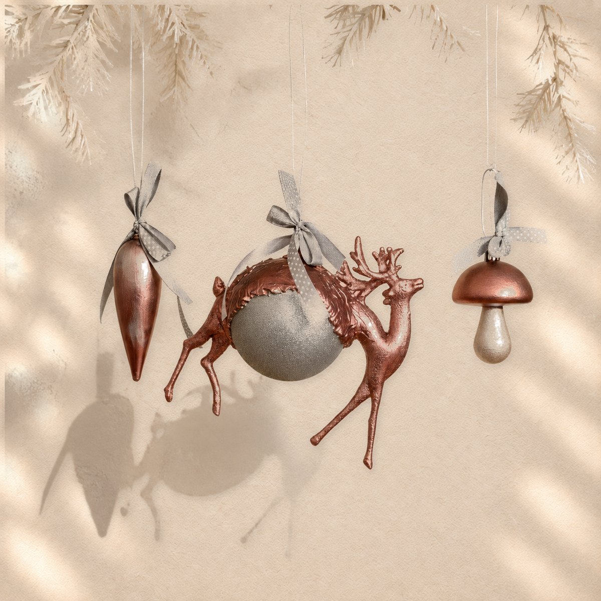 Copper Woodland Trio — Set of 3 Sculptural Ornaments on warm cream background