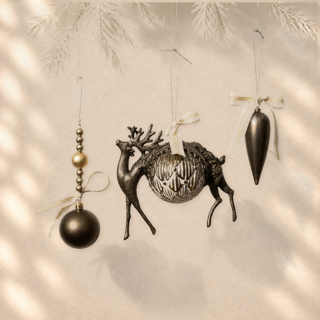 Obsidian Forest Trio — Set of 3 Sculptural Ornaments on warm cream background