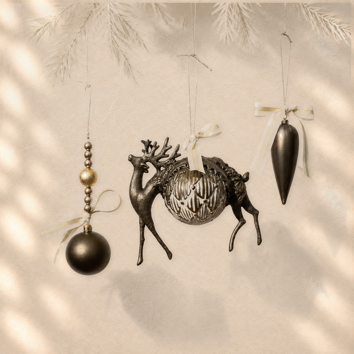 Obsidian Forest Trio — Set of 3 Sculptural Ornaments on warm cream background