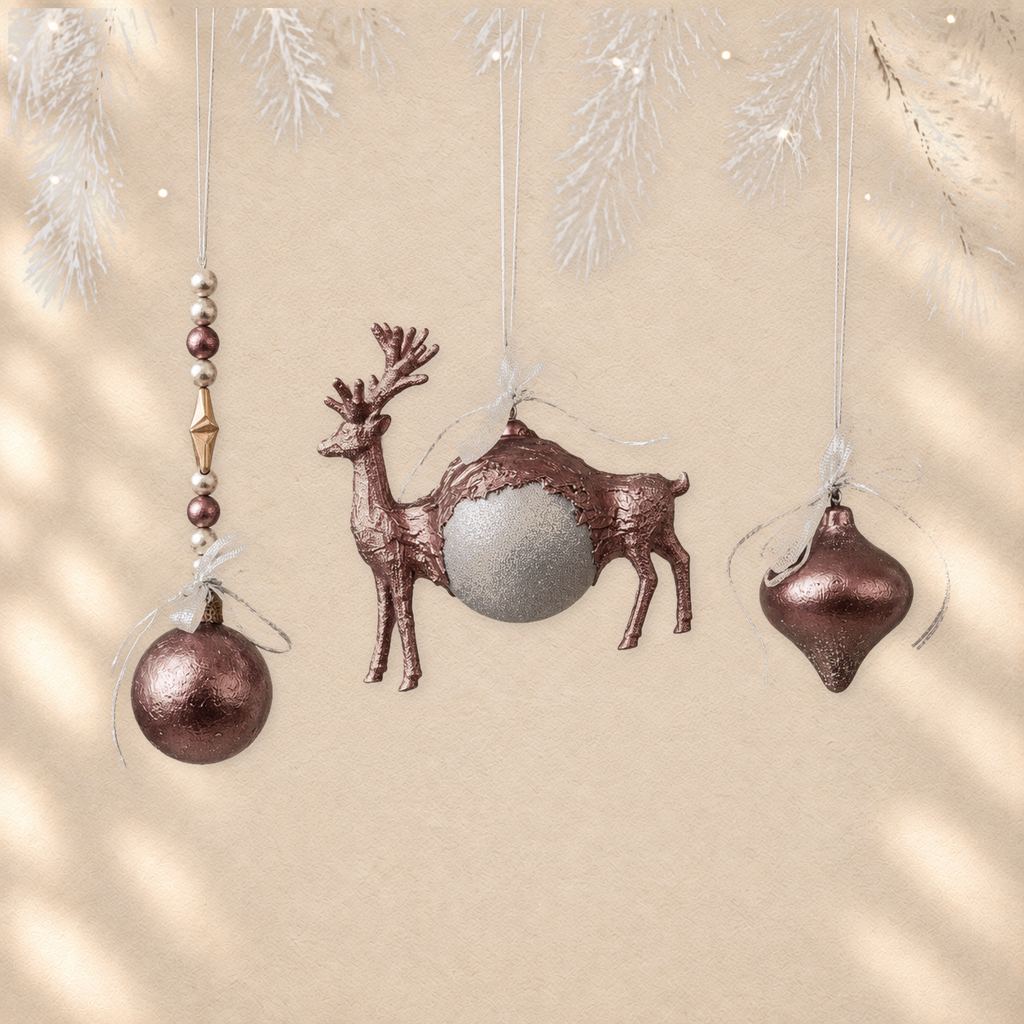 Winter Fauna Trio — Set of 3 Sculptural Ornaments on warm cream background