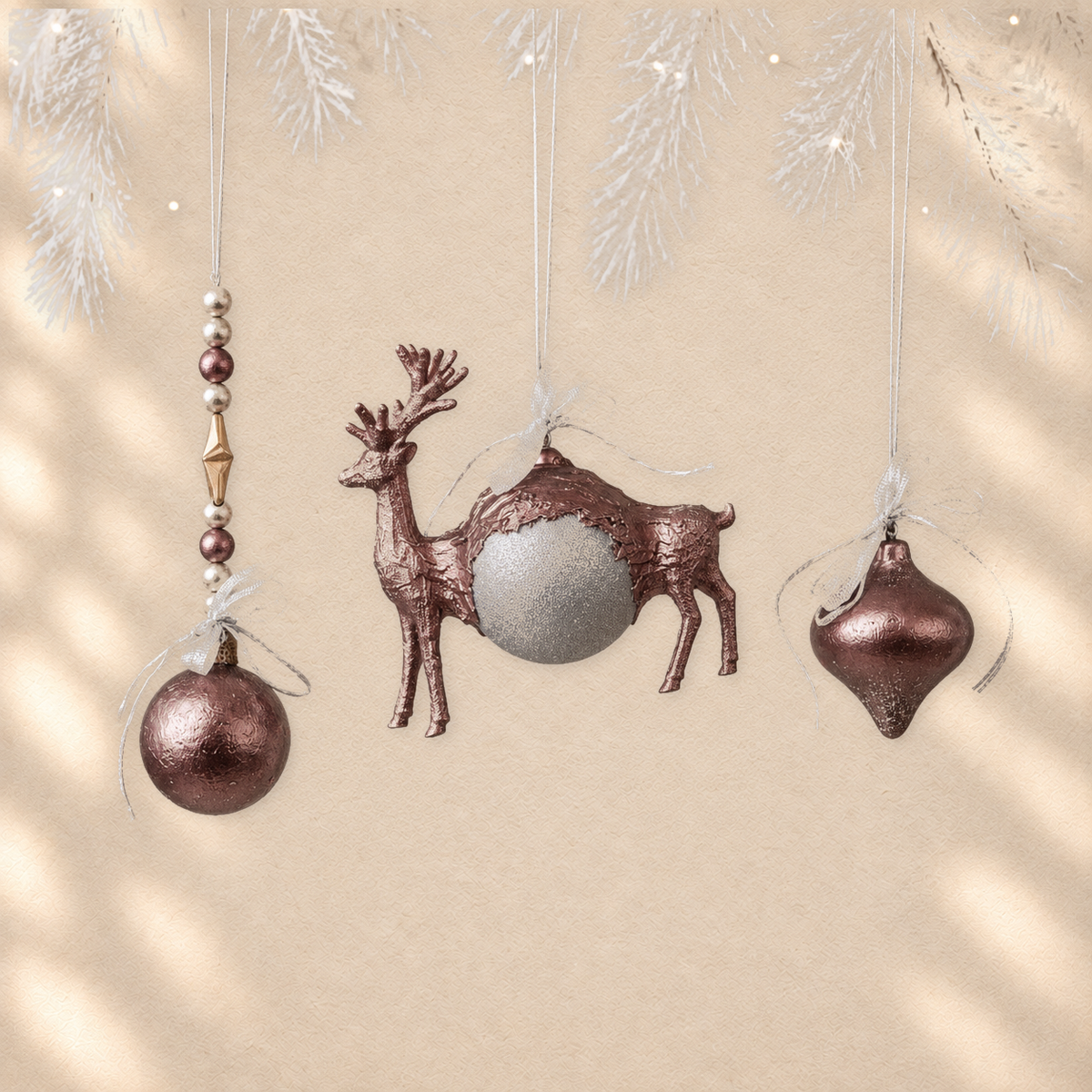 Winter Fauna Trio — Set of 3 Sculptural Ornaments on warm cream background