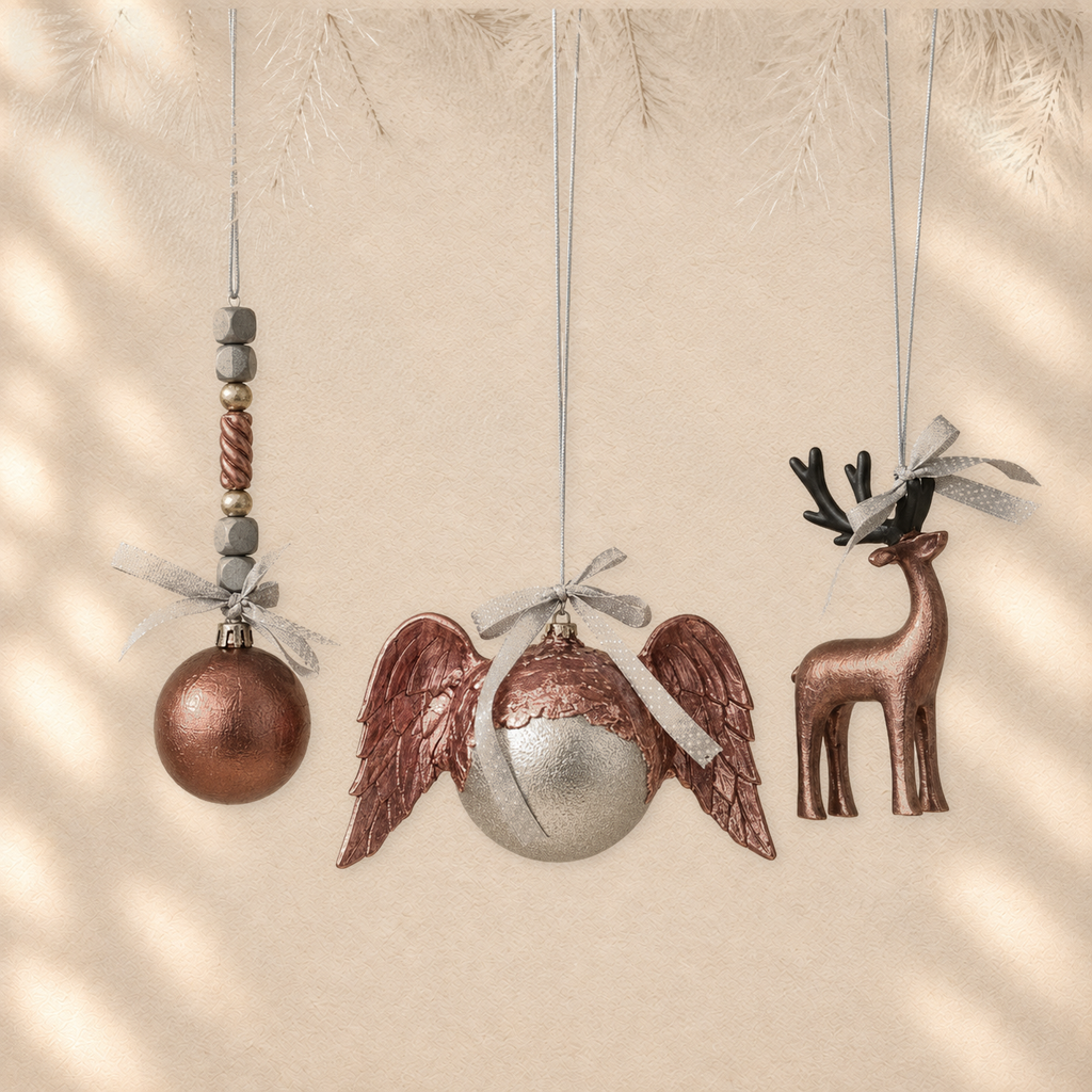 Copper Forest Trio — Set of 3 Sculptural Ornaments on warm cream background