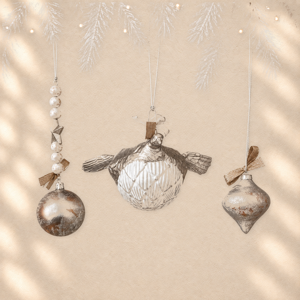 Silver Flight Trio — Set of 3 Sculptural Ornaments on warm cream background