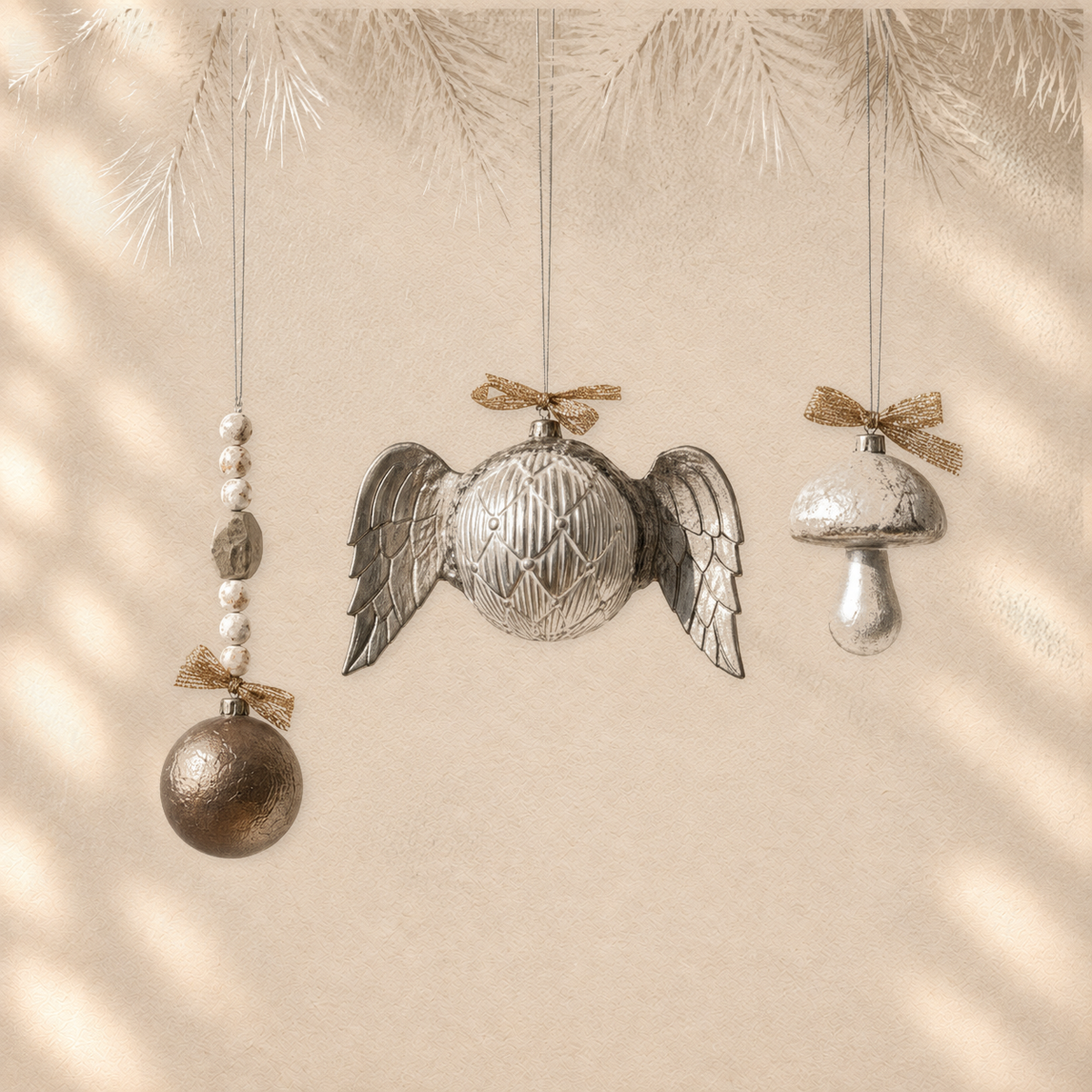 Silver Meadow Trio — Set of 3 Sculptural Ornaments on warm cream background