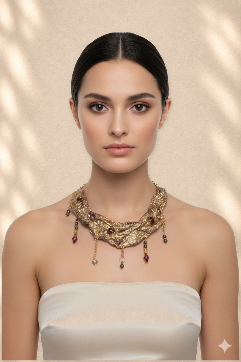 Garnet Compression — Sculptural Paper Collar Necklace on warm cream background
