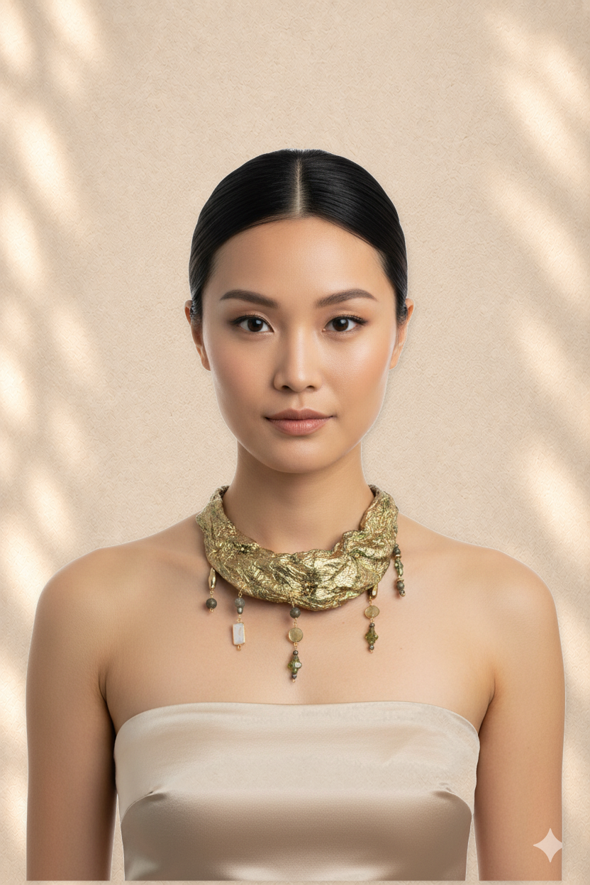 Gilded Suspension — Sculptural Paper Collar Necklace on warm cream background