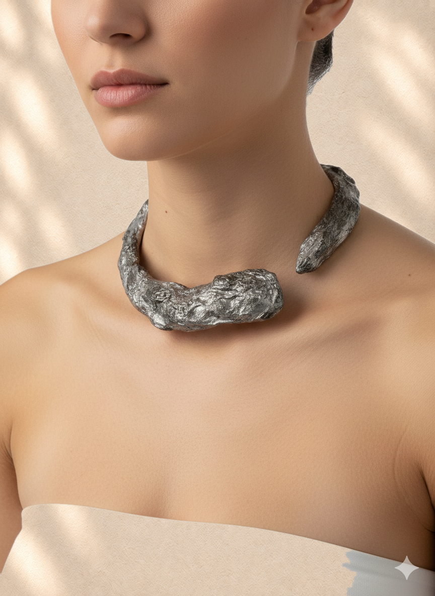 Silver Confluence — Sculptural Paper Collar Necklace on warm cream background
