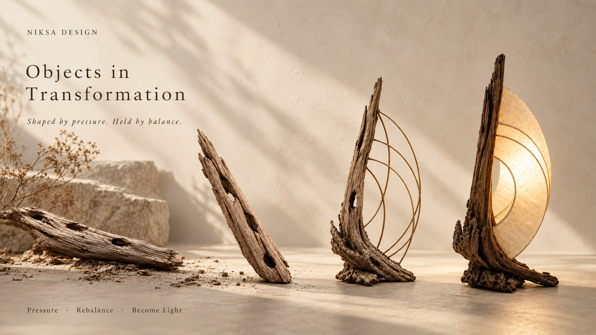 Objects in Transformation — weathered wood becoming sculptural light