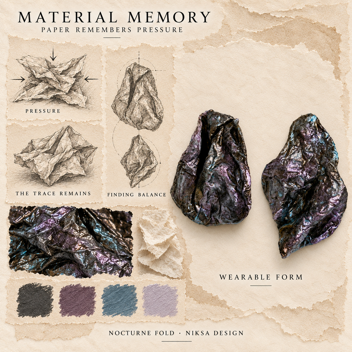 Nocturne Fold concept moodboard with sculptural earrings, texture details and graphite studies of pressure, visible traces and balance.