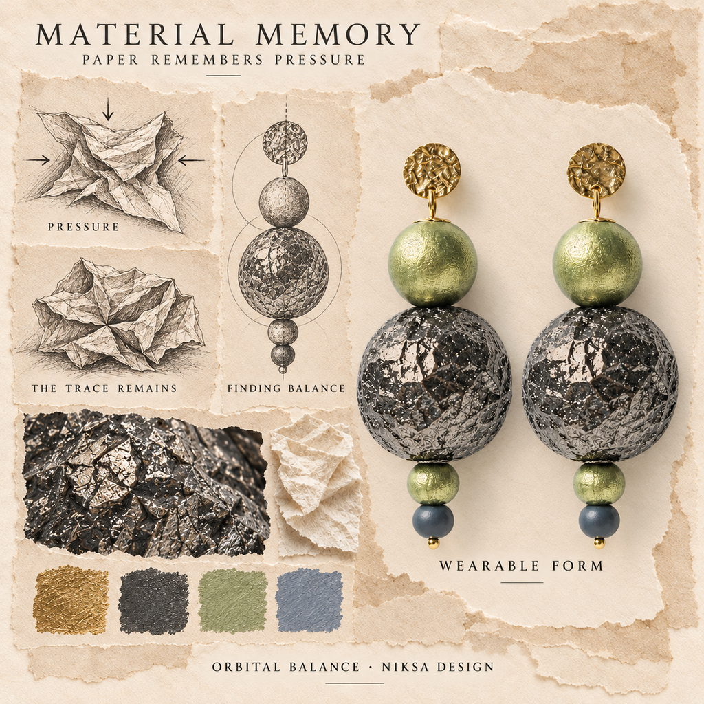 Orbital Balance concept moodboard with sculptural earrings, texture details and graphite studies of pressure, visible traces and balance.