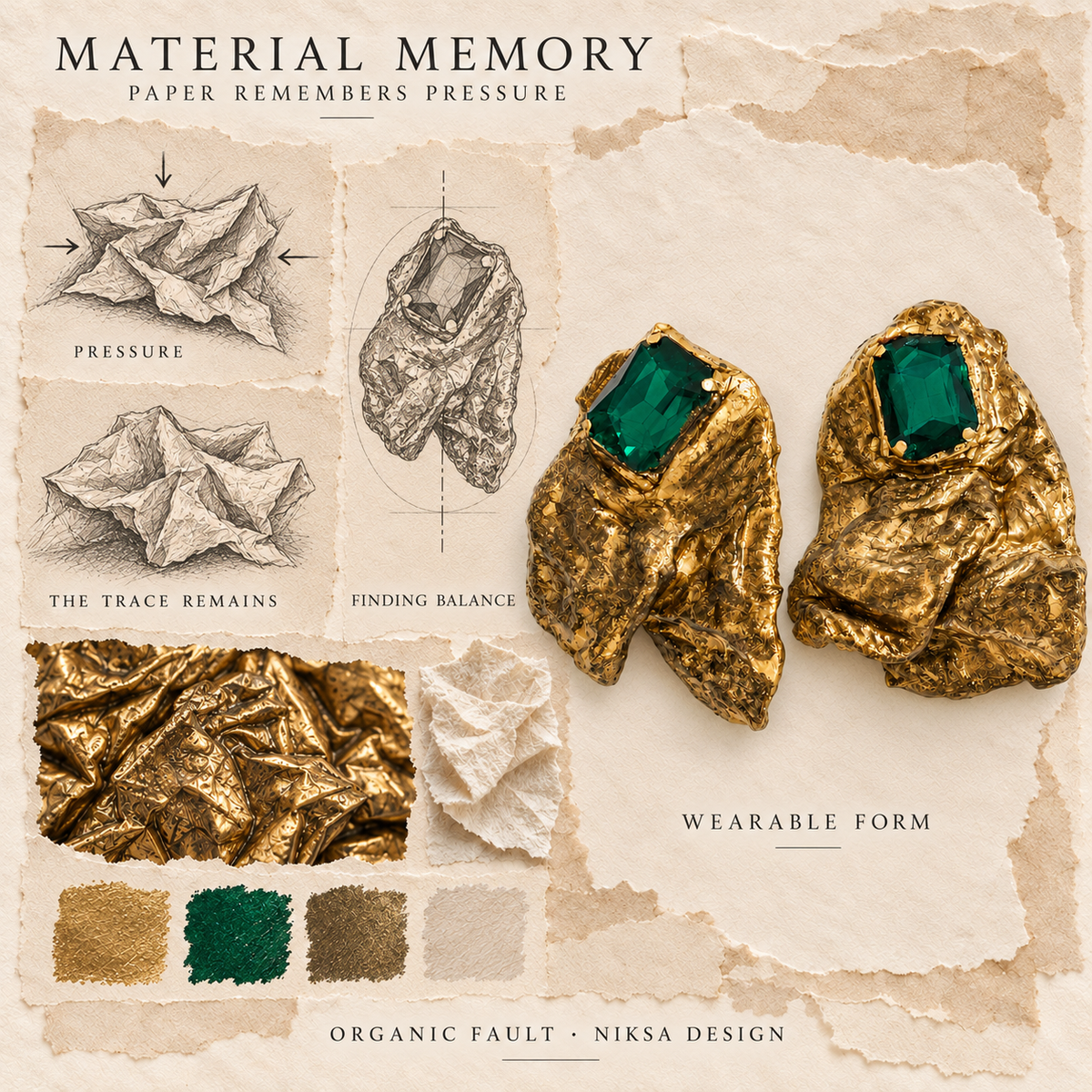 Organic Fault concept moodboard with sculptural earrings, texture details and graphite studies of pressure, visible traces and balance.