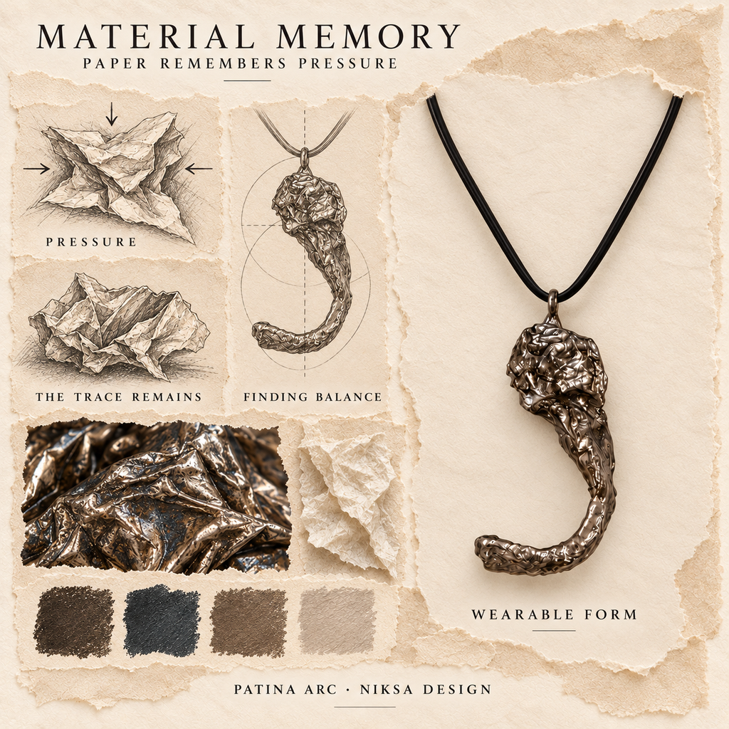Patina Arc concept moodboard with sculptural jewelry, texture details and graphite studies of pressure, visible traces and balance.