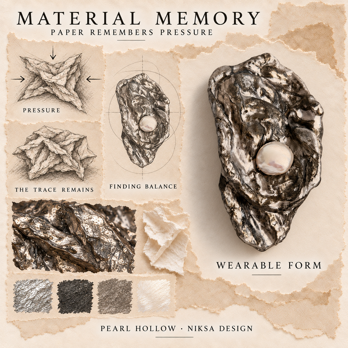 Pearl Hollow concept moodboard with sculptural jewelry, texture details and graphite studies of pressure, visible traces and balance.