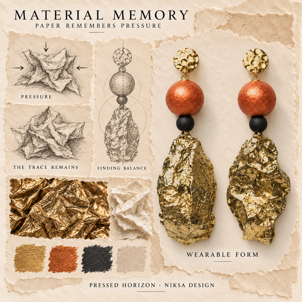 Pressed Horizon concept moodboard with sculptural earrings, texture details and graphite studies of pressure, visible traces and balance.