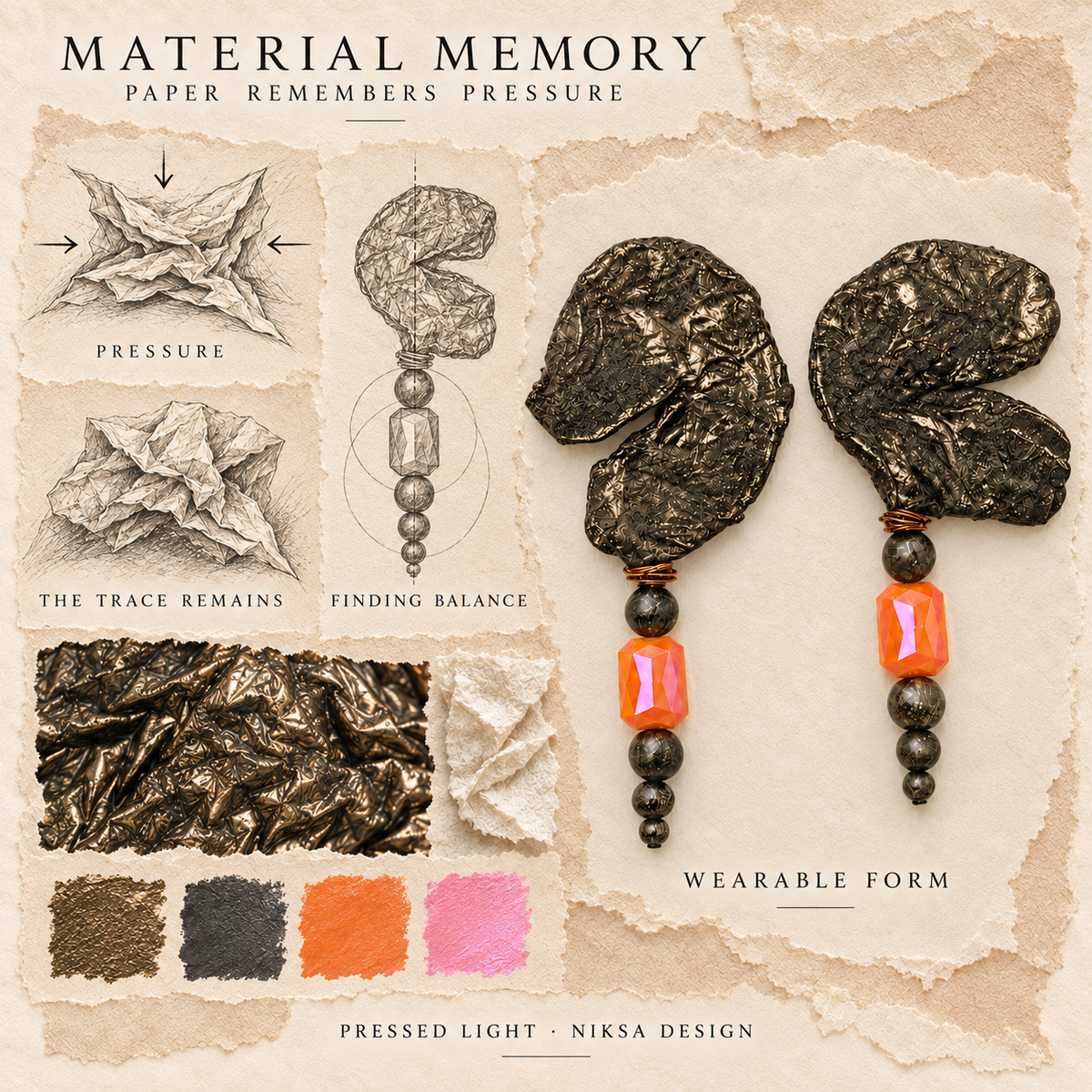 Pressed Light concept moodboard with sculptural earrings, texture details and graphite studies of pressure, visible traces and balance.