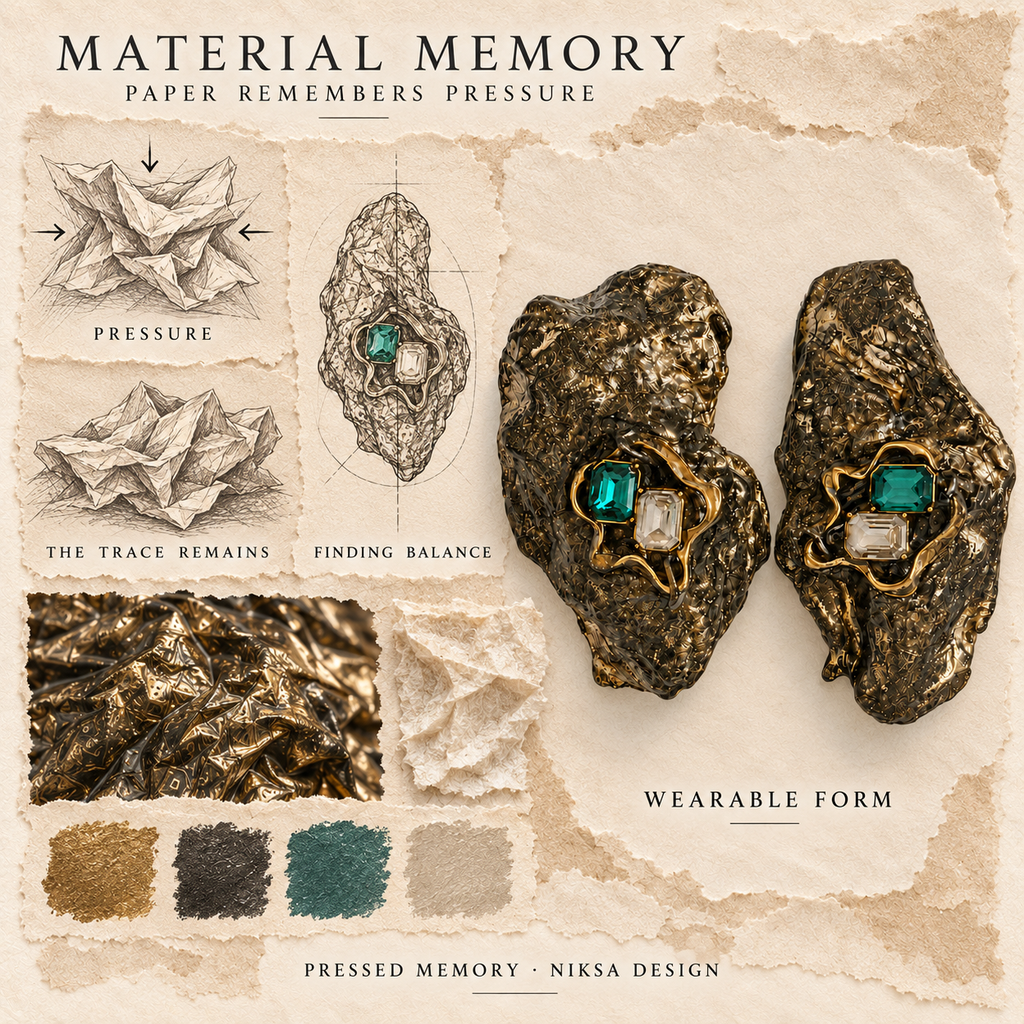 Pressed Memory concept moodboard with sculptural earrings, texture details and graphite studies of pressure, visible traces and balance.
