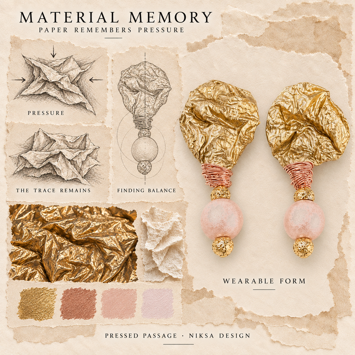 Pressed Passage concept moodboard with sculptural earrings, texture details and graphite studies of pressure, visible traces and balance.
