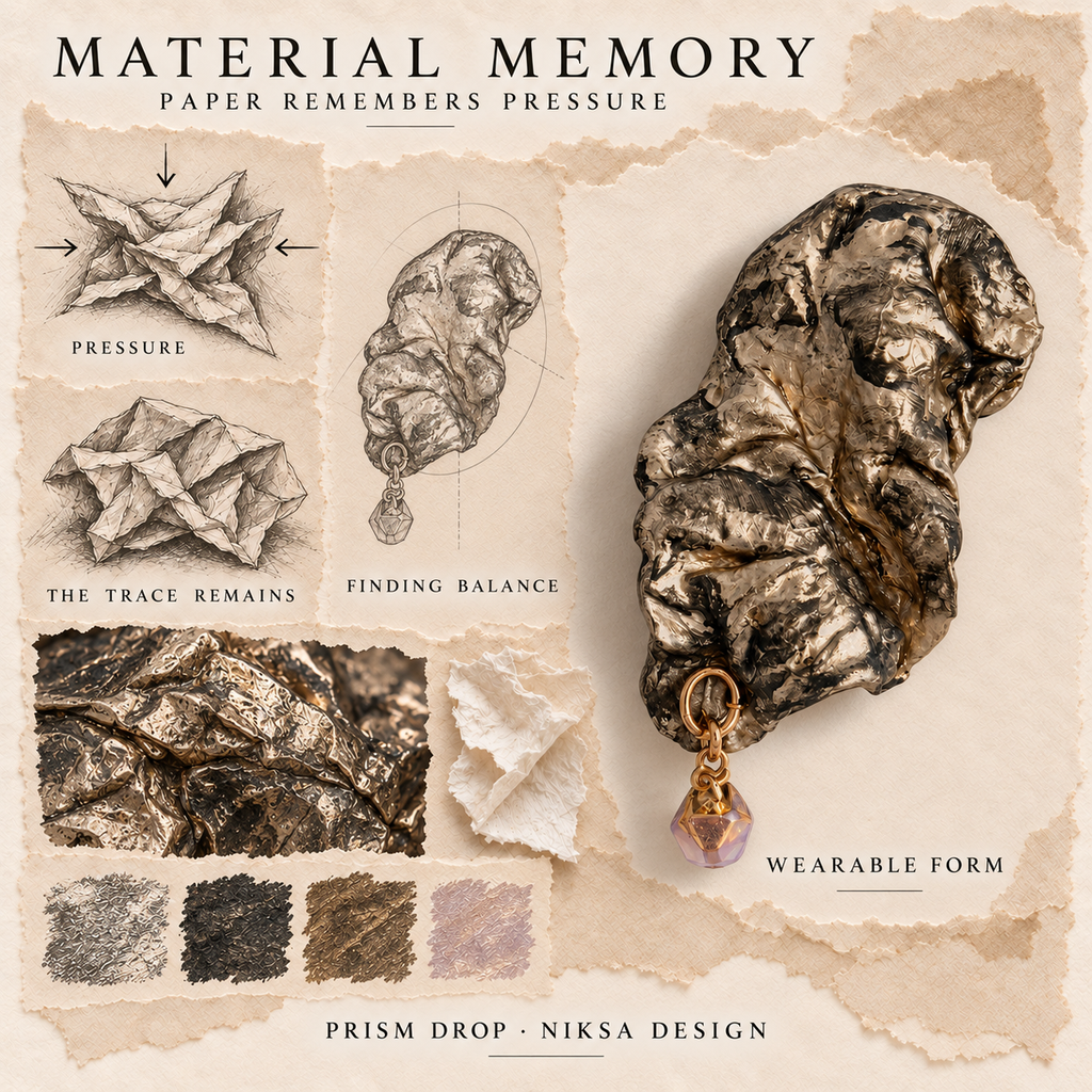 Prism Drop concept moodboard with sculptural jewelry, texture details and graphite studies of pressure, visible traces and balance.