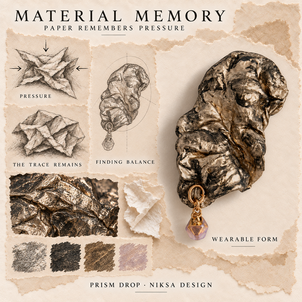 Prism Drop concept moodboard with sculptural jewelry, texture details and graphite studies of pressure, visible traces and balance.