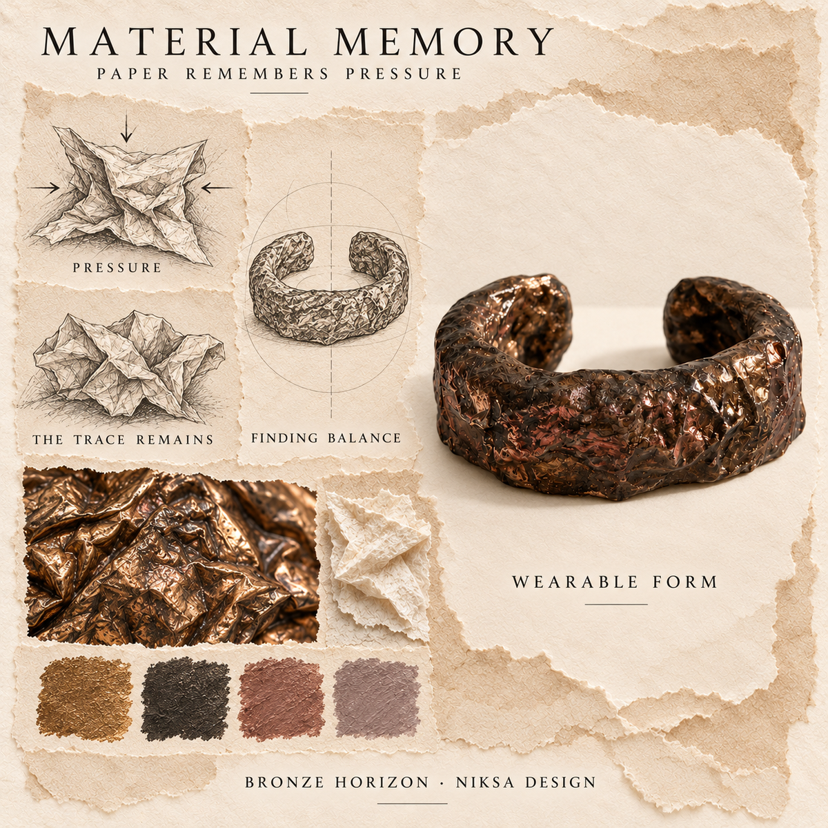Bronze Horizon concept moodboard with sculptural jewelry, texture details and graphite studies of pressure, visible traces and balance.