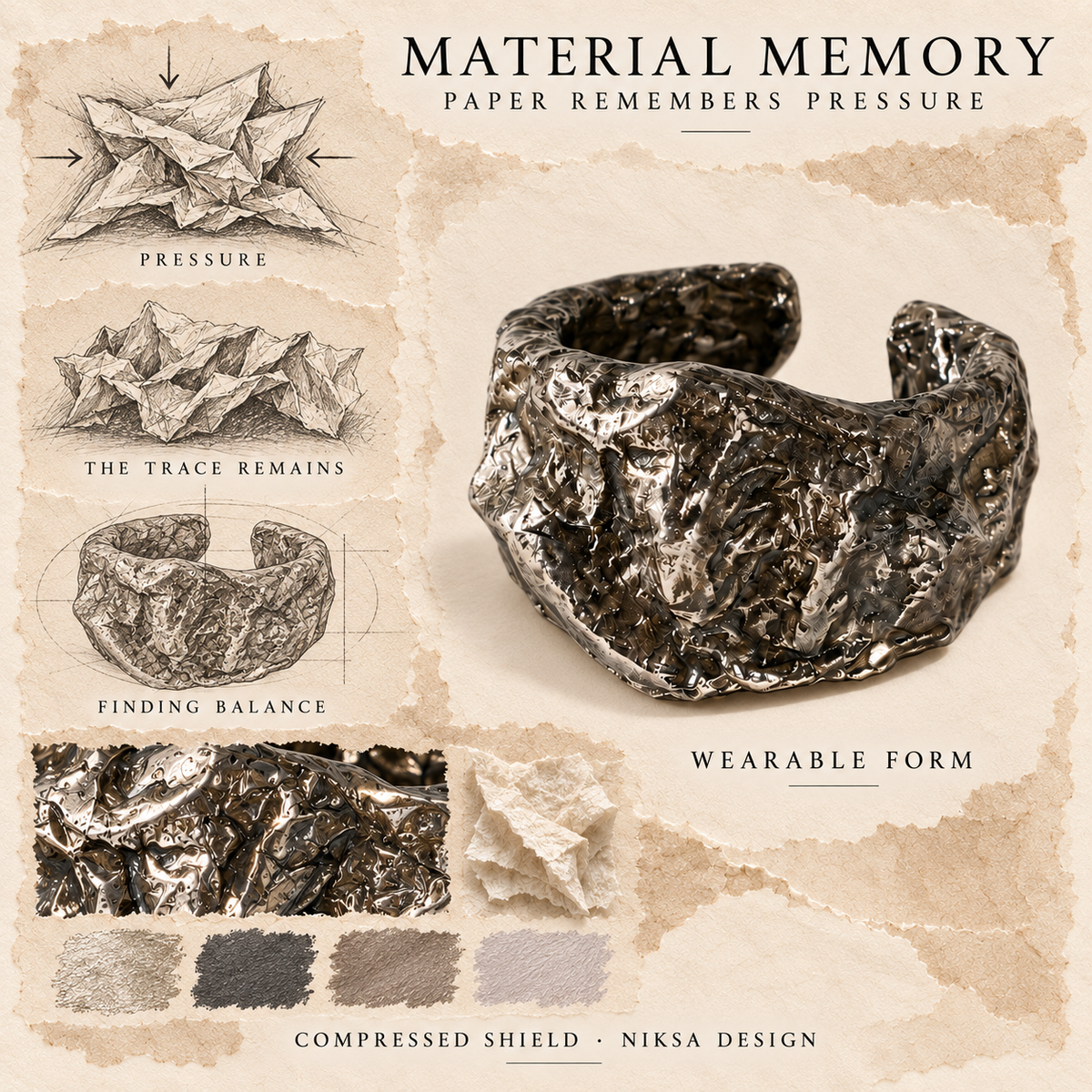 Compressed Shield concept moodboard with sculptural jewelry, texture details and graphite studies of pressure, visible traces and balance.