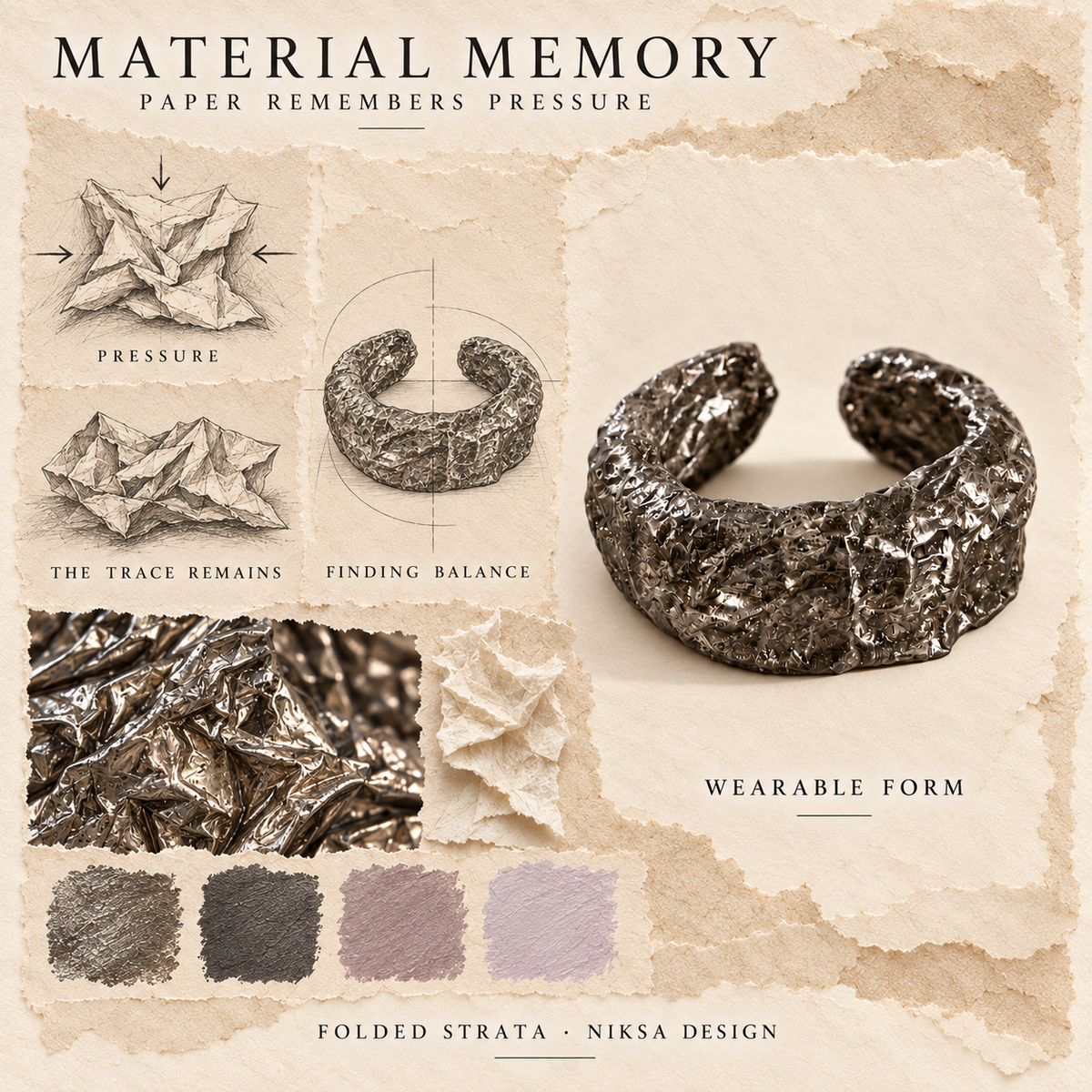 Folded Strata concept moodboard with sculptural jewelry, texture details and graphite studies of pressure, visible traces and balance.