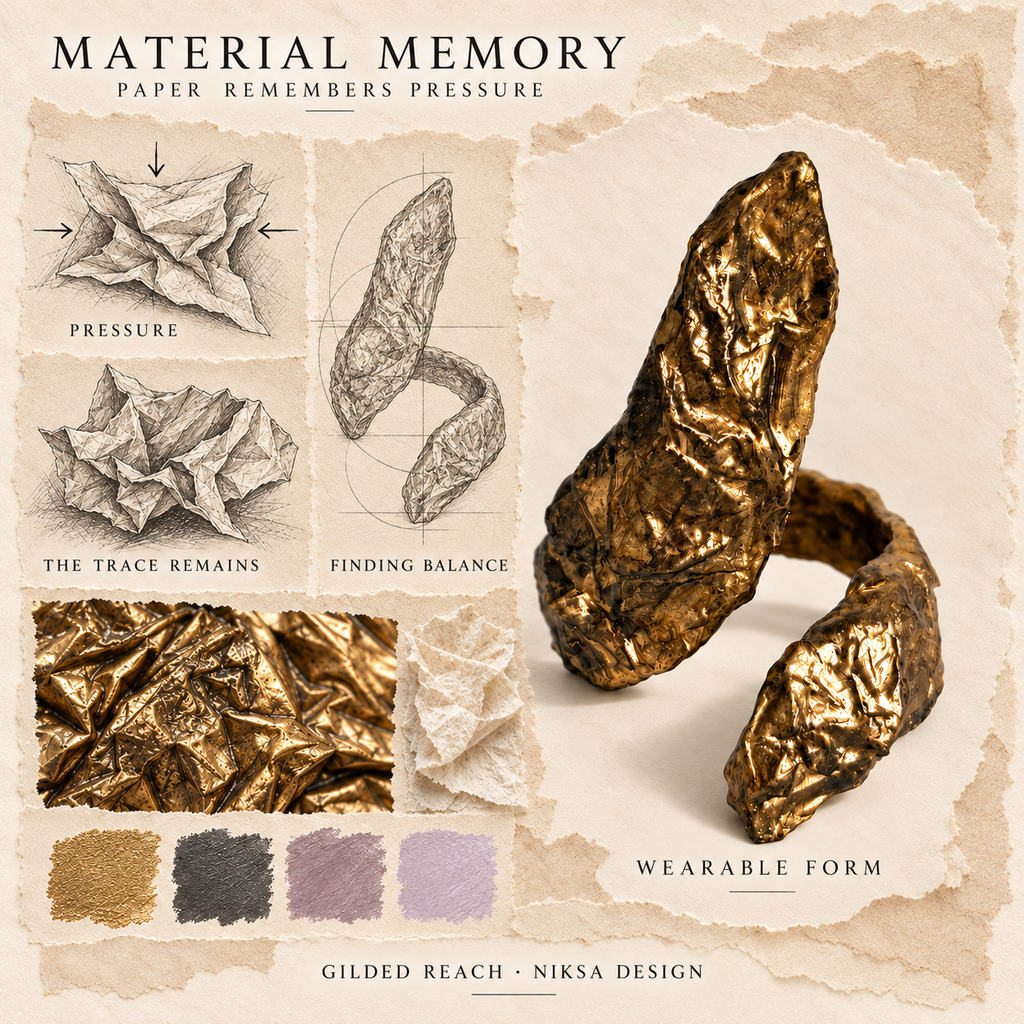 Gilded Reach concept moodboard with sculptural jewelry, texture details and graphite studies of pressure, visible traces and balance.