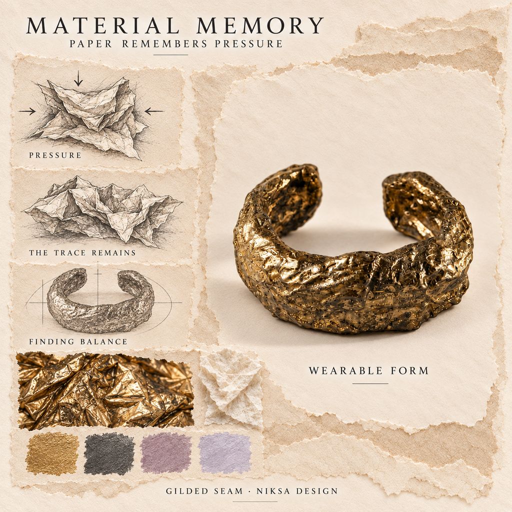 Gilded Seam concept moodboard with sculptural jewelry, texture details and graphite studies of pressure, visible traces and balance.