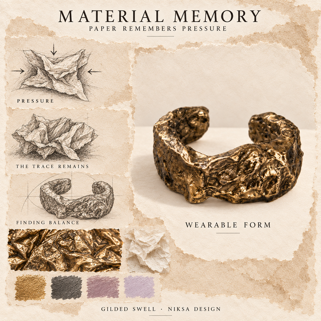 Gilded Swell concept moodboard with sculptural jewelry, texture details and graphite studies of pressure, visible traces and balance.