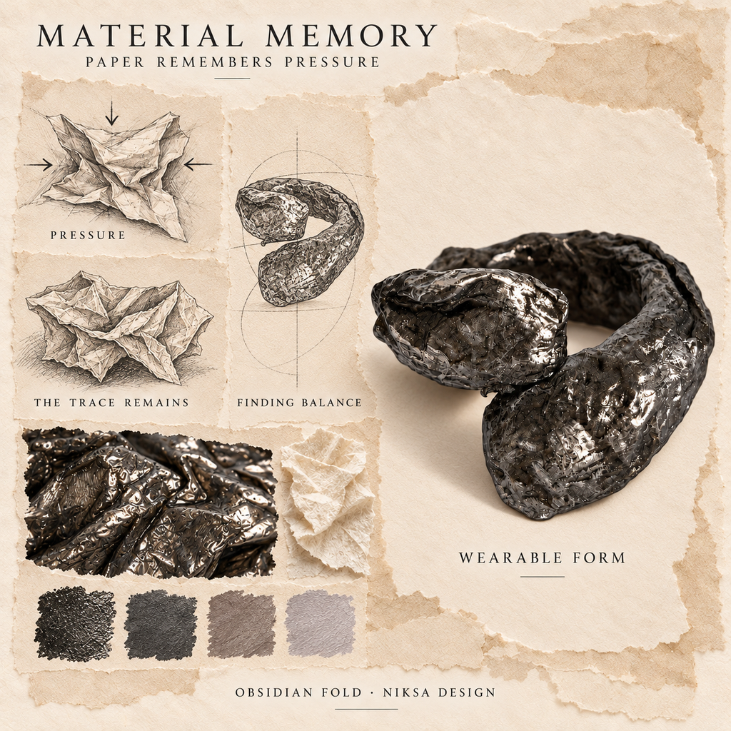 Obsidian Fold concept moodboard with sculptural jewelry, texture details and graphite studies of pressure, visible traces and balance.