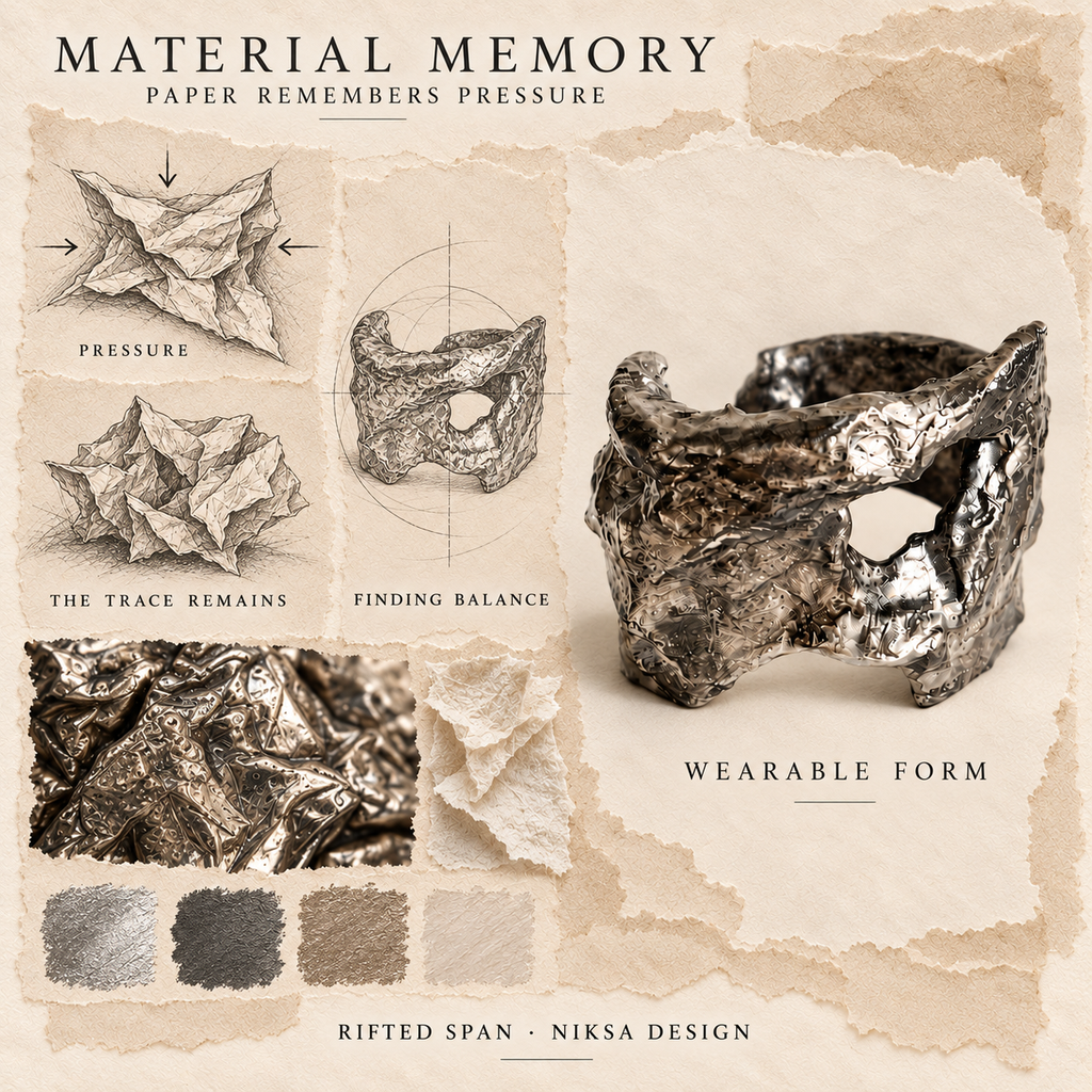 Rifted Span concept moodboard with sculptural jewelry, texture details and graphite studies of pressure, visible traces and balance.