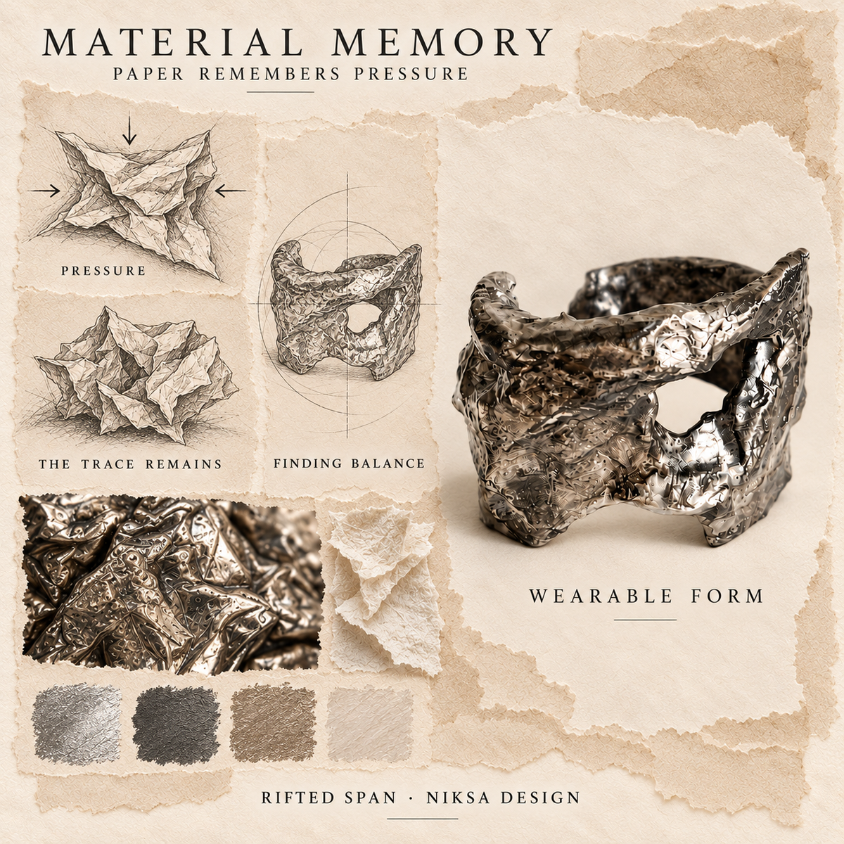 Rifted Span concept moodboard with sculptural jewelry, texture details and graphite studies of pressure, visible traces and balance.