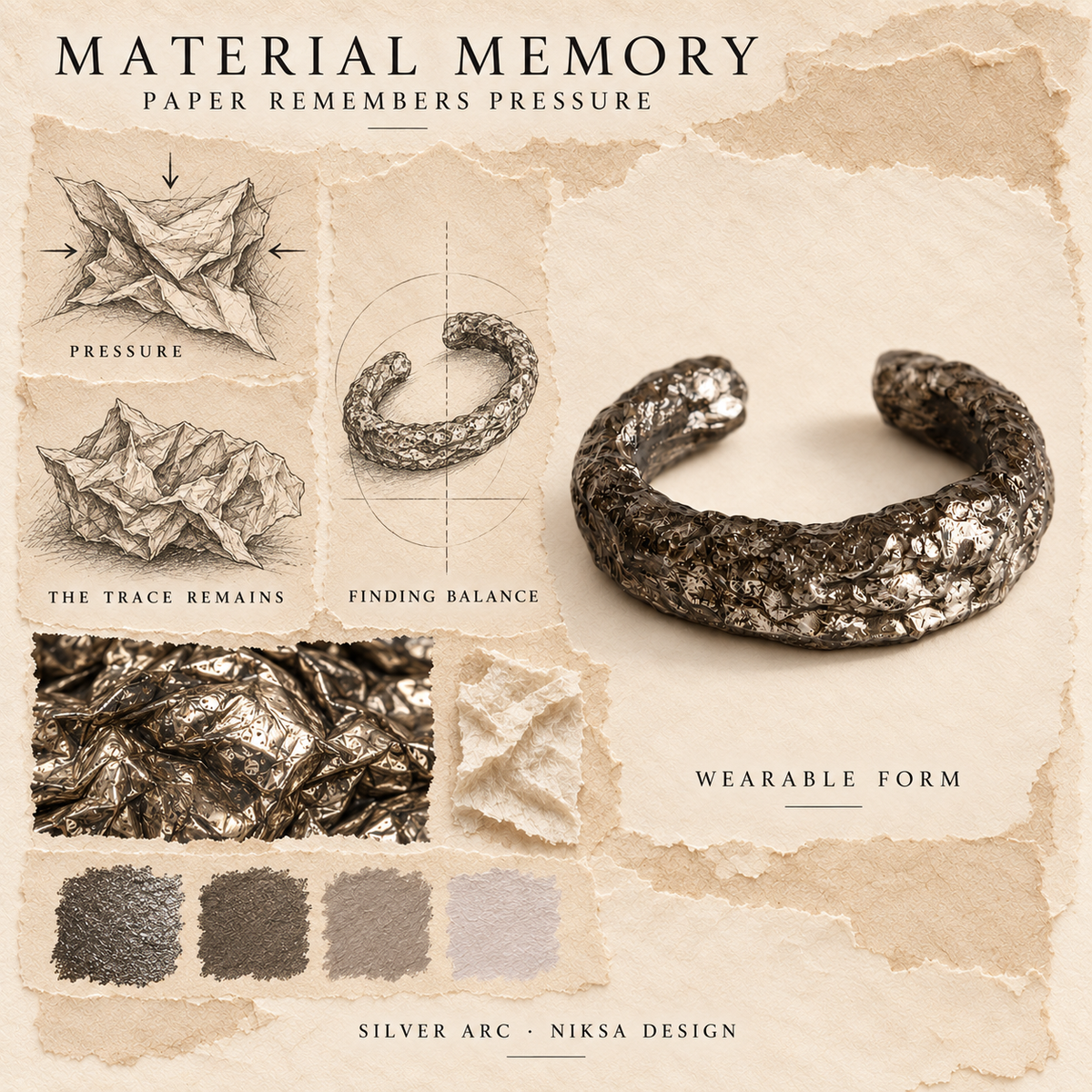 Silver Arc concept moodboard with sculptural jewelry, texture details and graphite studies of pressure, visible traces and balance.