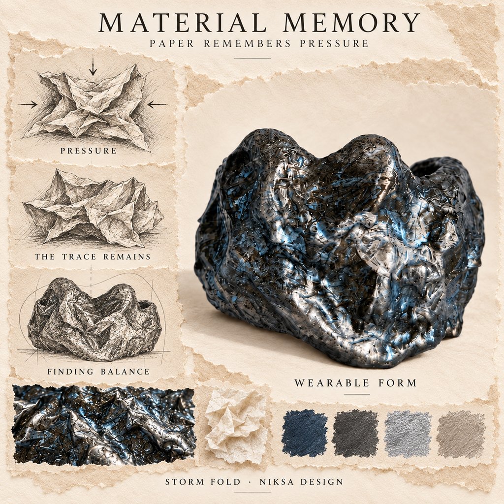Storm Fold concept moodboard with sculptural jewelry, texture details and graphite studies of pressure, visible traces and balance.