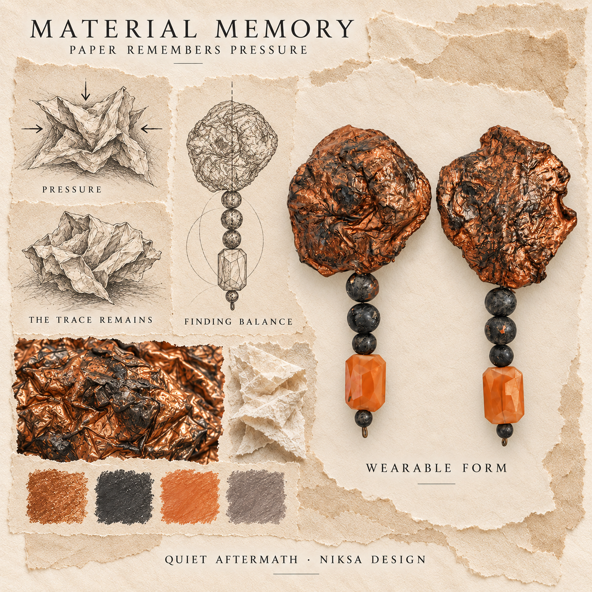 Quiet Aftermath concept moodboard with sculptural earrings, texture details and graphite studies of pressure, visible traces and balance.