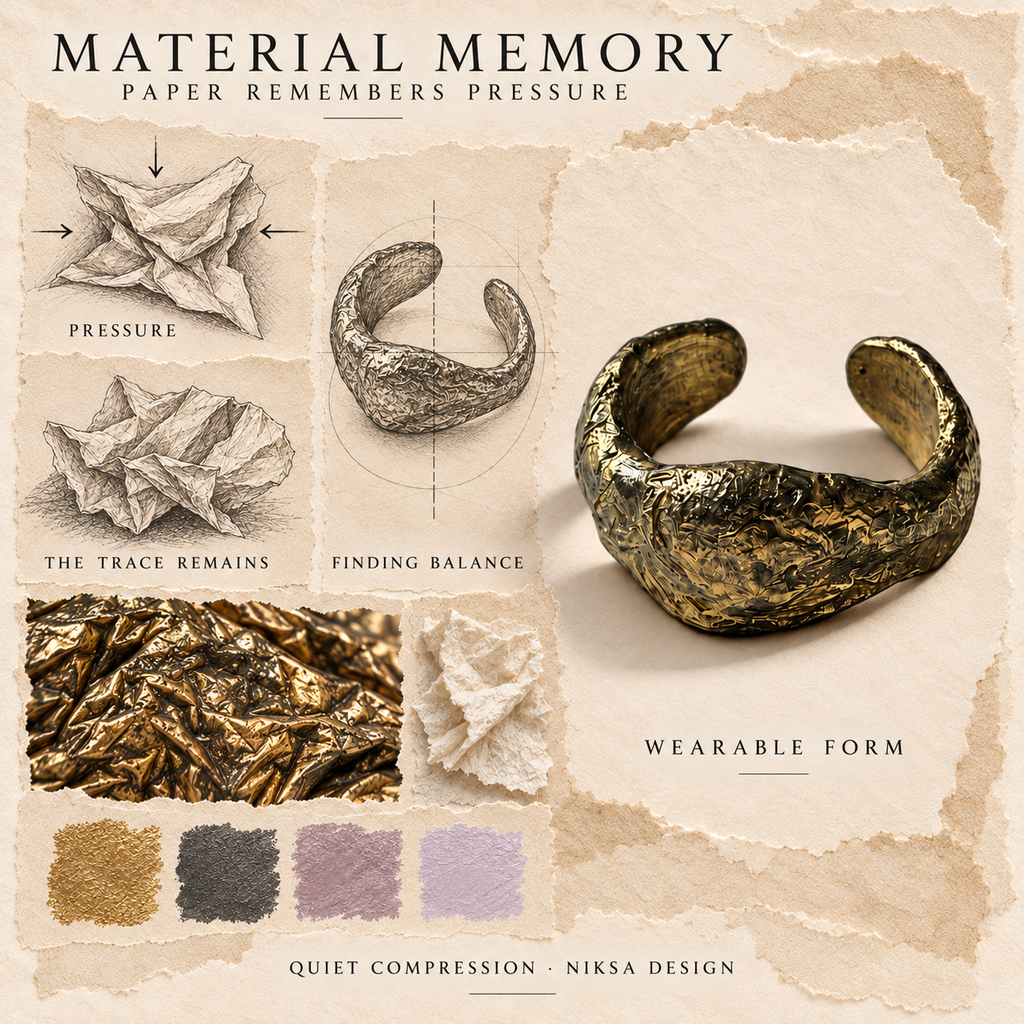 Quiet Compression concept moodboard with sculptural jewelry, texture details and graphite studies of pressure, visible traces and balance.