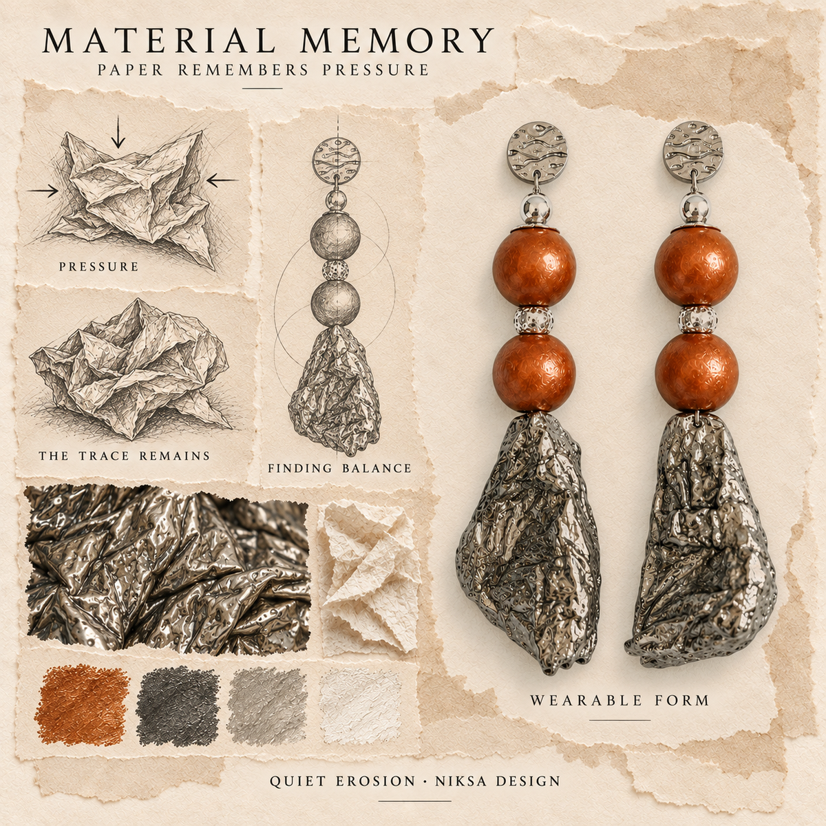 Quiet Erosion concept moodboard with sculptural earrings, texture details and graphite studies of pressure, visible traces and balance.