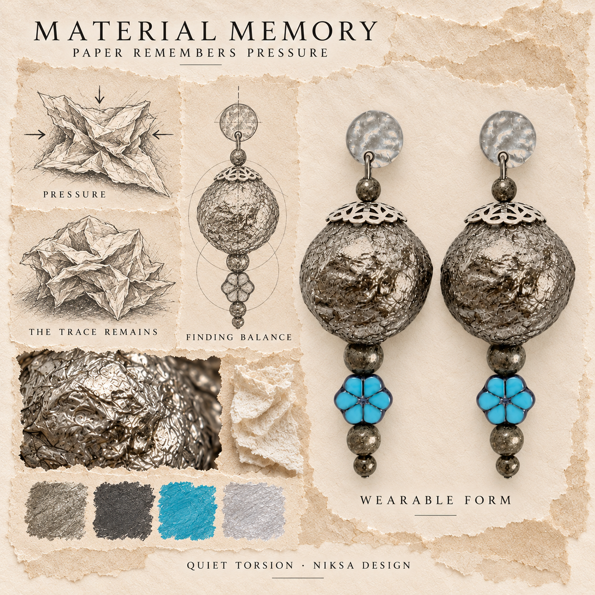 Quiet Torsion concept moodboard with sculptural earrings, texture details and graphite studies of pressure, visible traces and balance.