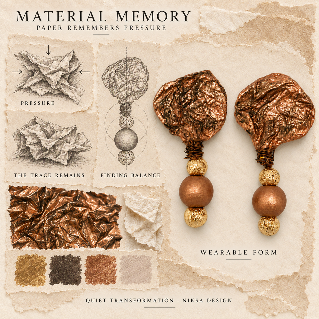 Quiet Transformation concept moodboard with sculptural earrings, texture details and graphite studies of pressure, visible traces and balance.