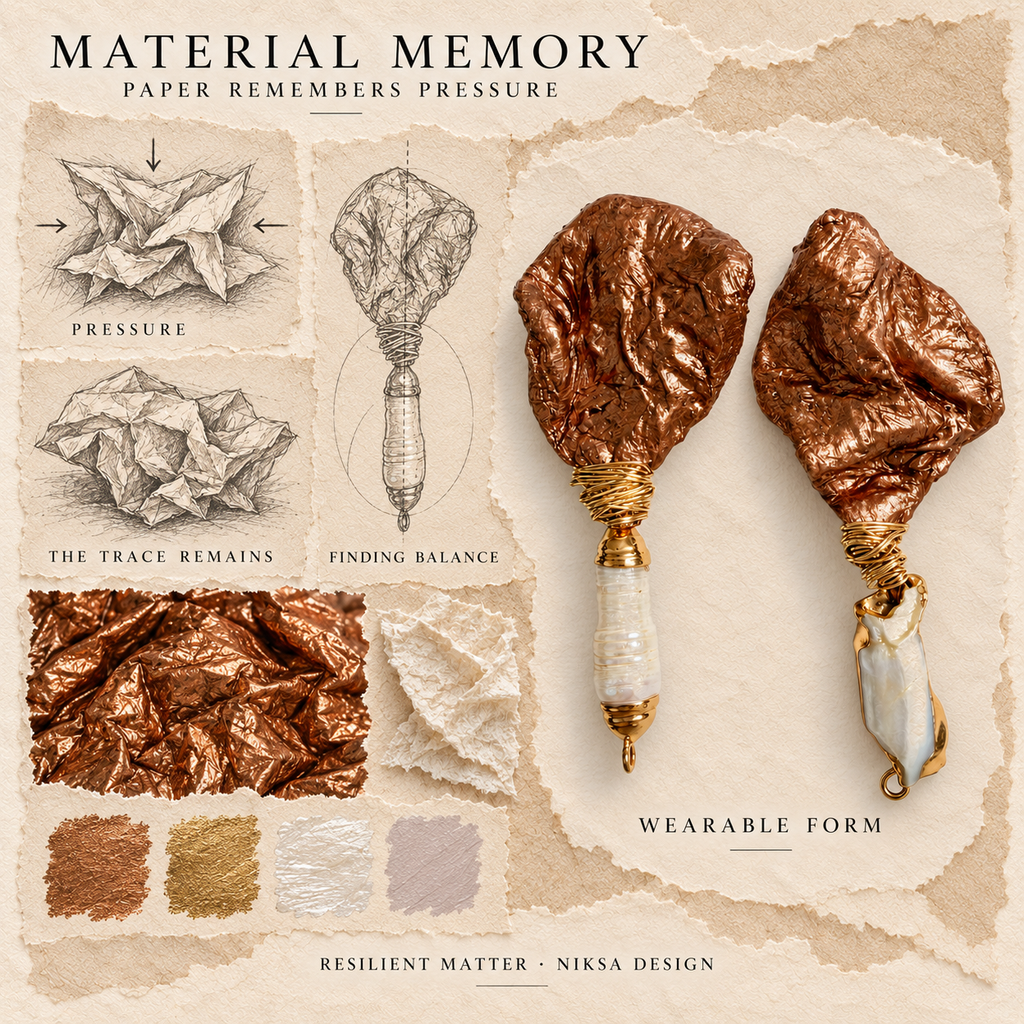 Resilient Matter concept moodboard with sculptural earrings, texture details and graphite studies of pressure, visible traces and balance.