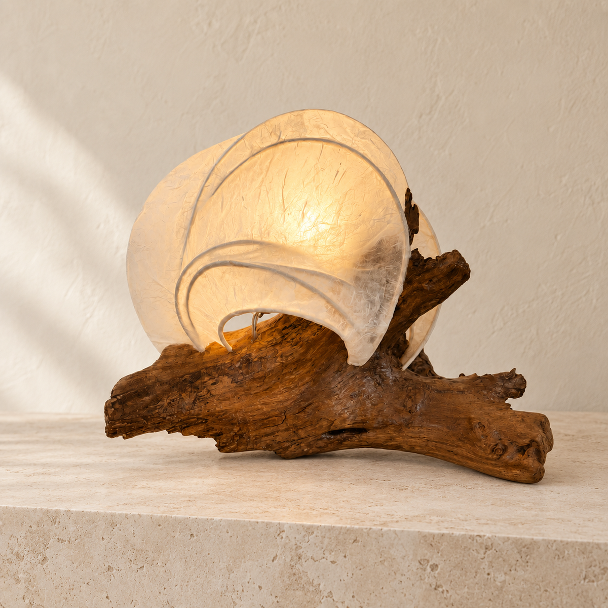 Rootglow sculptural lamp, alternate side view in a bright minimal interior