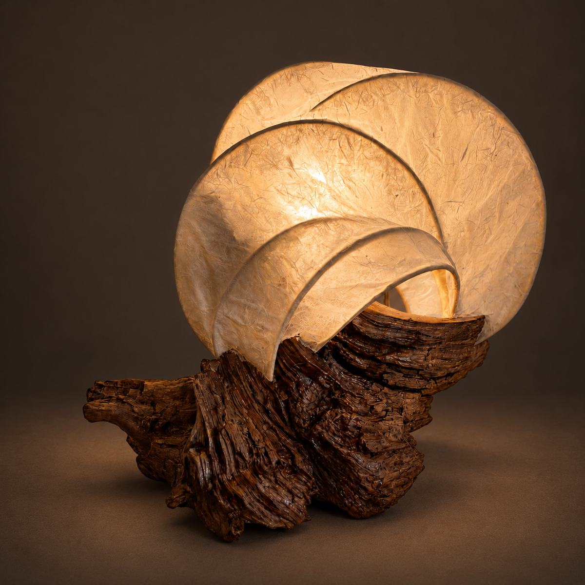 Rootglow sculptural lamp illuminated against warm charcoal