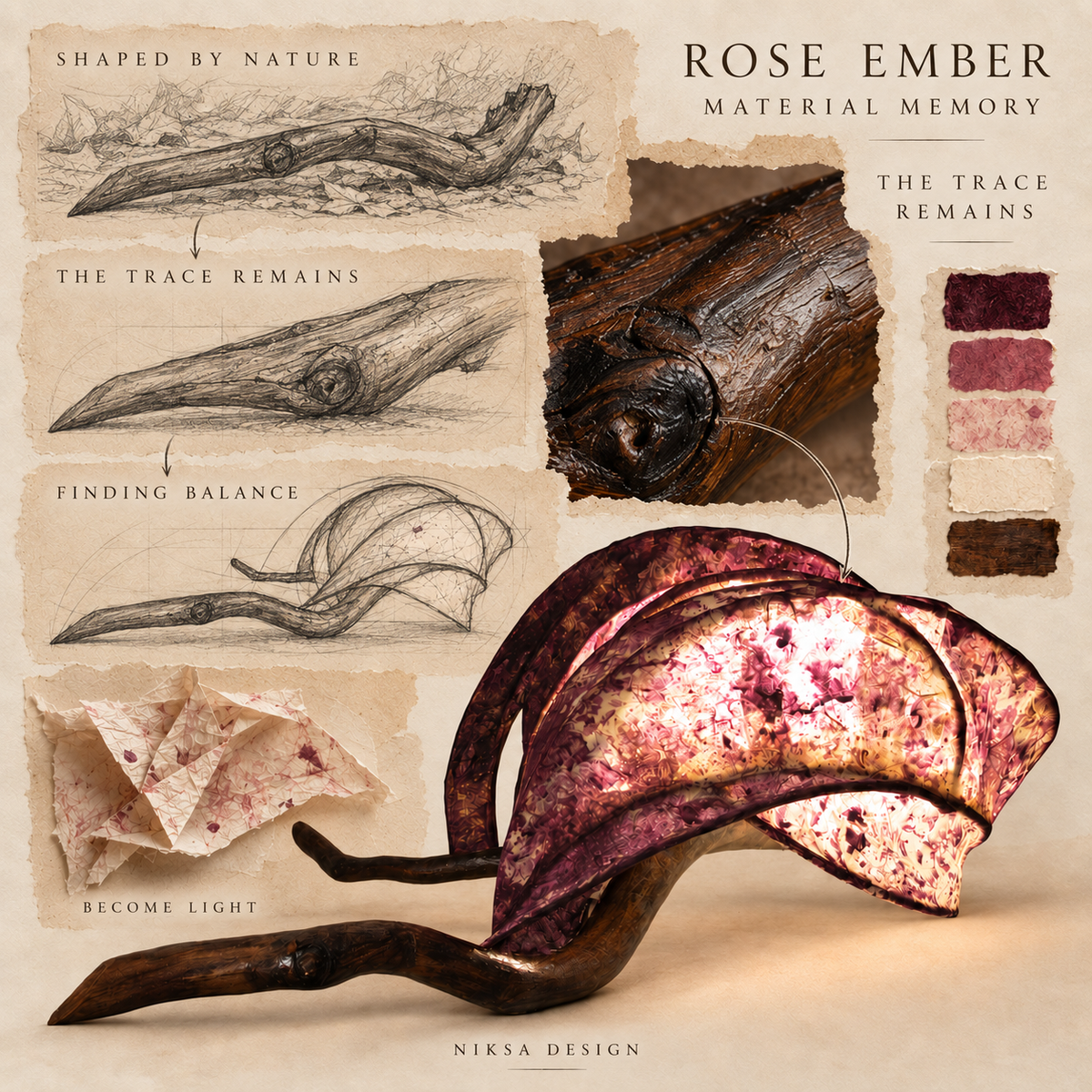 Rose Ember material and transformation moodboard