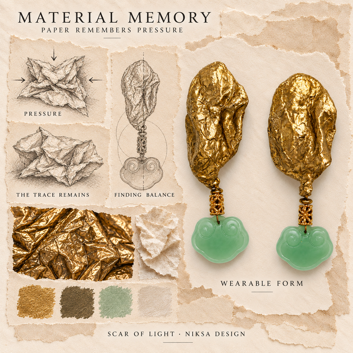 Scar of Light concept moodboard with sculptural earrings, texture details and graphite studies of pressure, visible traces and balance.